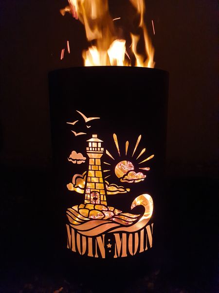Feuertonne / Feuerkorb mit Motiv Leuchtturm / Moin Moin - TIKO METALLDESIGN